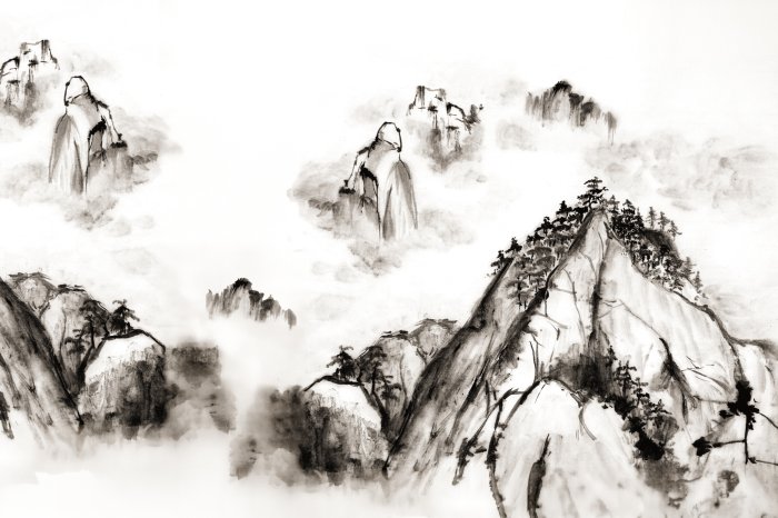 Fototapete Gezeichneter Landschaft mit Bergen und Bäumen