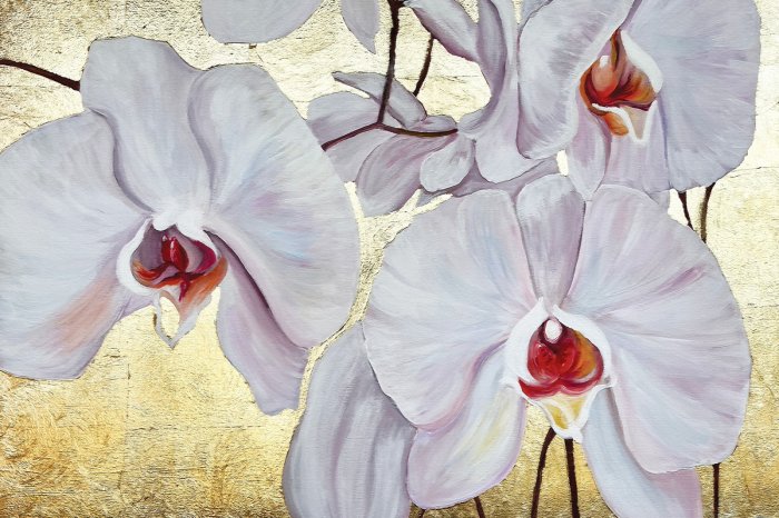 Fototapete Gemalte Orchideen auf goldenem Hintergrund