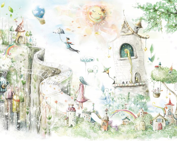 Fototapete Prinzessin im Schlossturm märchenhafte Landschaft