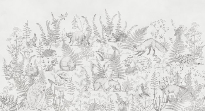 Fototapete Schwarz-weiß-Zeichnung mit Tieren