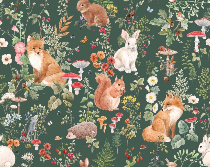 Fototapete Pflanzenmuster mit Pilzen und Füchsen