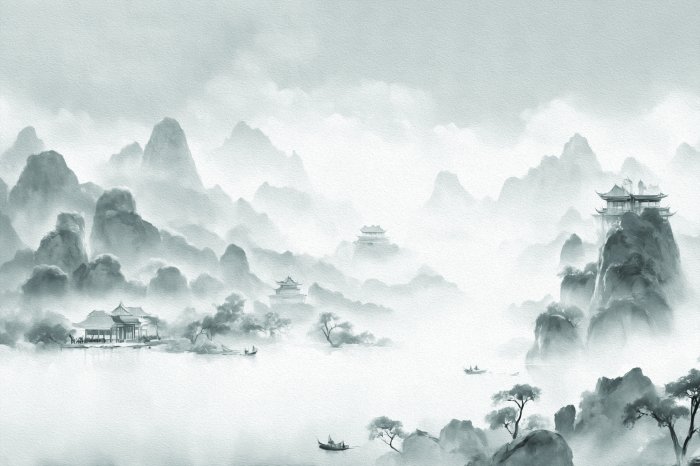 Fototapete Schwarz-weißes japanisches Dorf in den Bergen