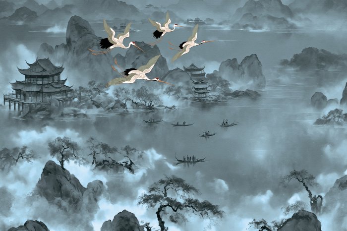 Fototapete Japanische Landschaft am See mit Gondeln und Vögeln