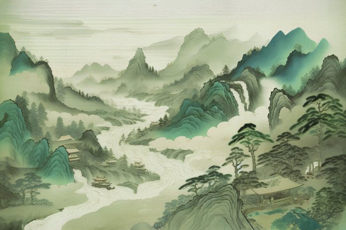 Fototapete Handgemalte asiatische Berglandschaft