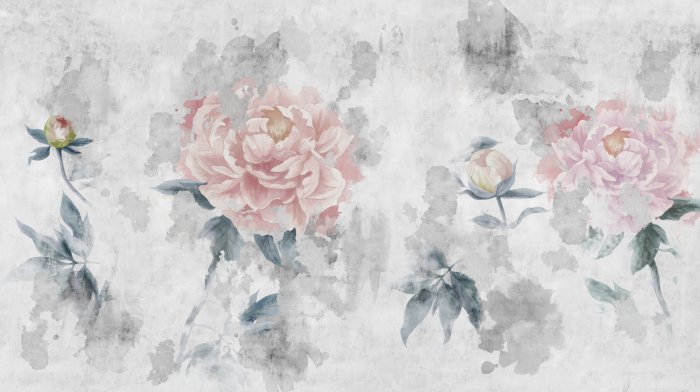 Fototapete Rosa Blumen im Aquarellstil auf grauem Hintergrund