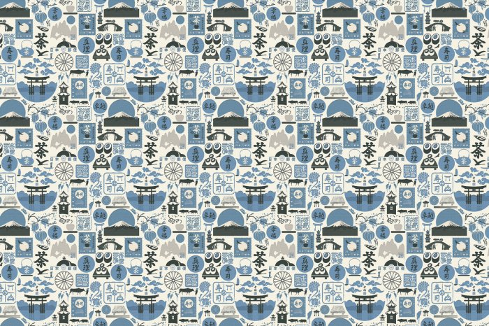 Fototapete Asiatische Naturillustrationen und Schriftzüge