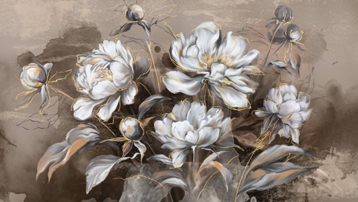 Fototapete Weiße Blumen auf Aquarellhintergrund im Vintage-Stil