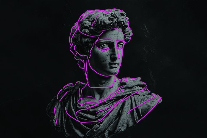 Fototapete Skulptur eines griechischen Gottes mit Neonlinien