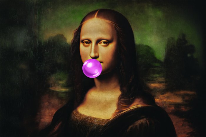 Fototapete Mona Lisa mit Kaugummi zum Blasen