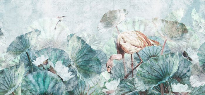Fototapete Flamingo zwischen tropischen Blättern und Blumen