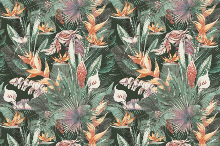 Fototapete Botanisches Muster tropische Pflanzen und Kolibris