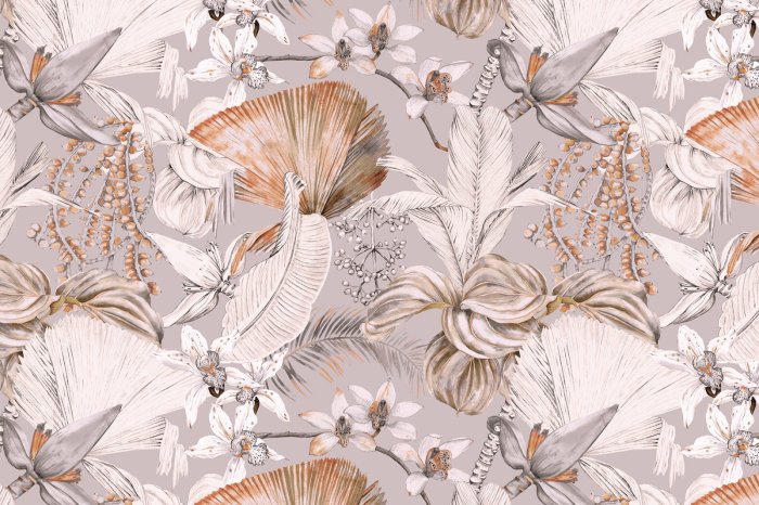 Fototapete Exotische Blumen und Blätter auf hellgrauem Hintergrund