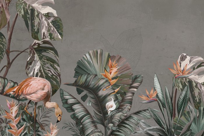 Fototapete Tropische Pflanzen und Vögel vor Betontextur-Hintergrund
