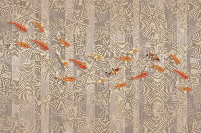 Fototapete Koi vor einem Hintergrund geometrischer Formen moderne Komposition