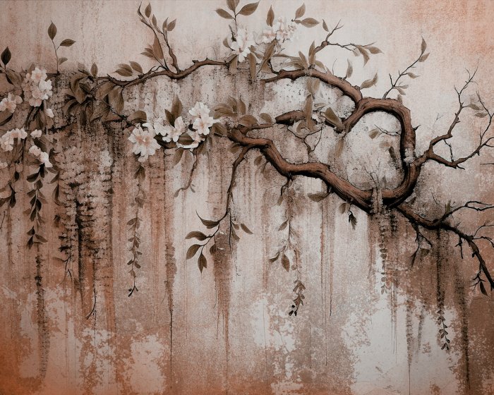 Fototapete Baumzweig mit weißen Blüten Betonstruktur