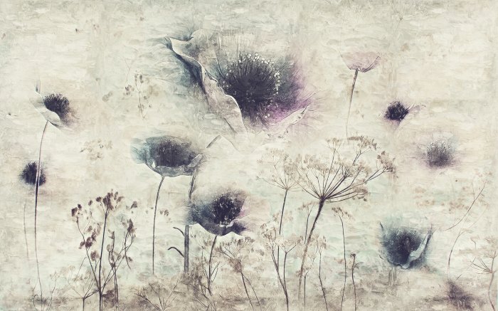 Fototapete Industrielles Motiv mit Mohnblumen und Wiesenblumen