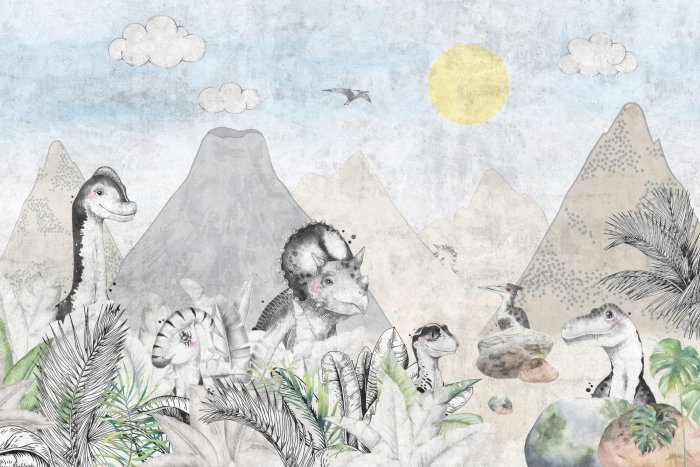 Fototapete Aquarellwelt der Dinosaurier mit Vulkanen