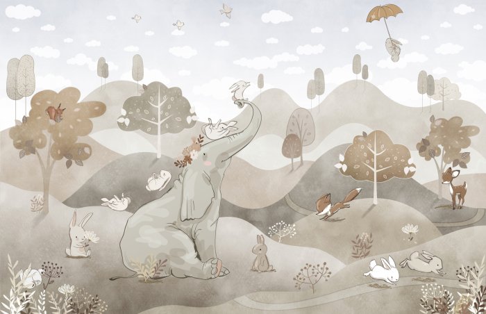 Fototapete Pastellandschaft mit einem niedlichen Elefanten und Kaninchen