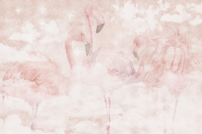 Fototapete Aquarell Flamingos vor einem Hintergrund aus pastellfarbenen Wolken