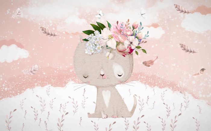 Fototapete Kätzchen mit Blumen und Schmetterlingen auf einer Wiese im Aquarellstil