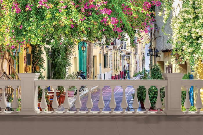 Fototapete Toskanalandschaft mit bunten Vegetation und alten Wänden