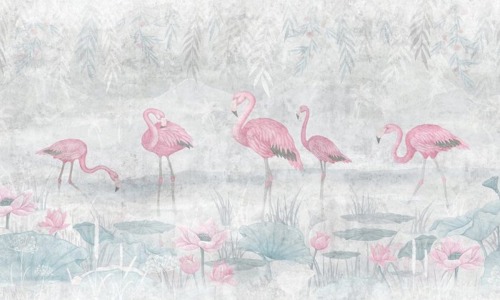 Fototapete Flamingos auf dem Wasser im Aquarellstil mit Pflanzen