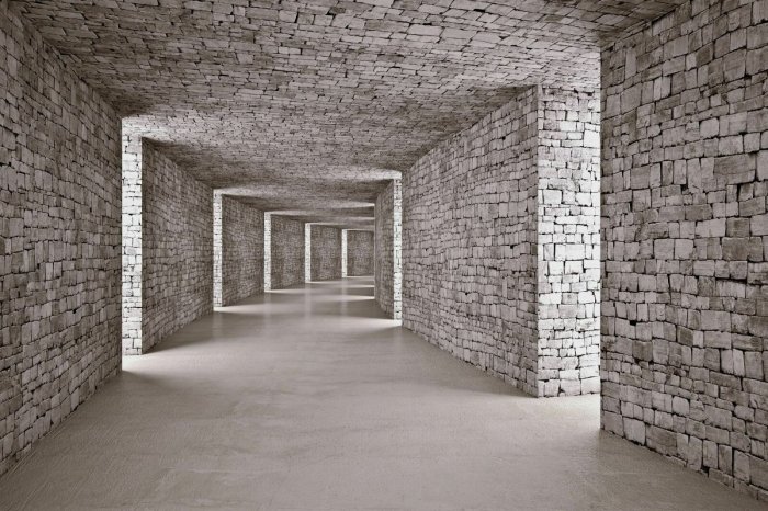 Fototapete Backsteintunnel in Grautönen 3D