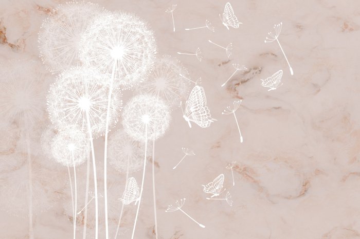Fototapete Schmetterlinge und weiße Löwenzahn auf Marmorhintergrund botanisches Muster