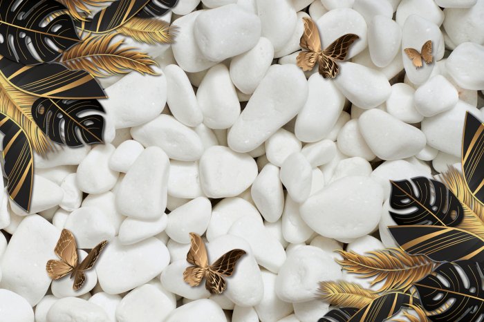 Fototapete Schmetterlinge und exotische 3D Blätter auf Hintergrund aus weißen Steinen