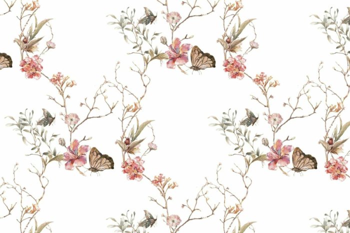 Fototapete Blumen und Schmetterlinge auf Zweigen im Aquarellstil zarte Illustration