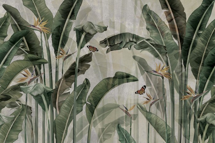 Fototapete Strelitzienblätter und Schmetterlinge tropisches botanisches Muster