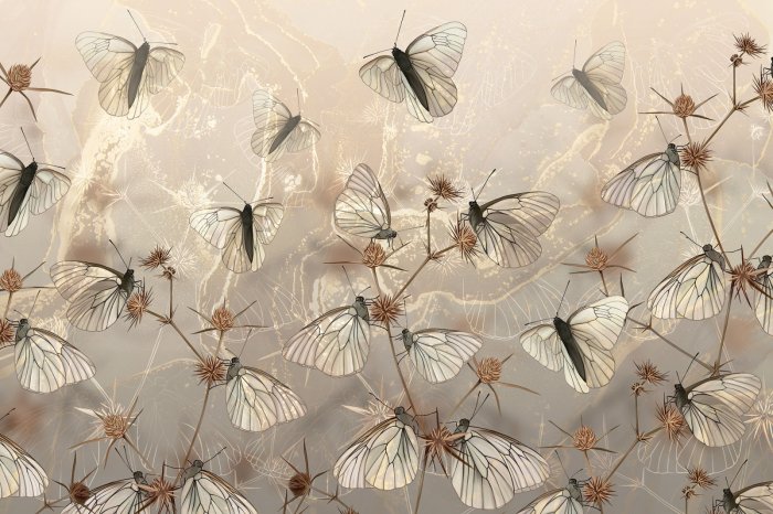 Fototapete Moderne Abstraktion Schmetterlinge und wilde Feldpflanzen auf strukturiertem Hintergrund