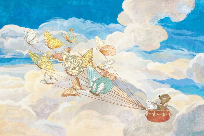 Fototapete Kindermuster mit Schmetterlingen und fliegenden Tieren vor Himmelshintergrund