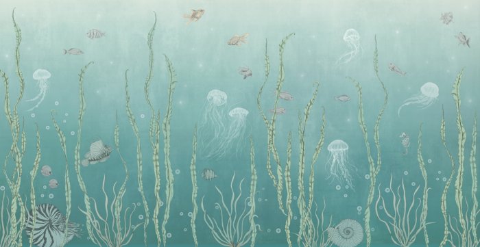 Fototapete Fische und Quallen zwischen grünen Pflanzen Meeresunterwasserlandschaft