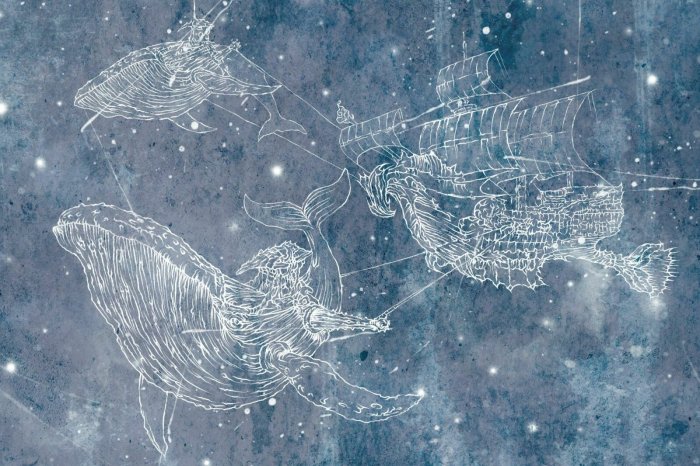 Fototapete Schiff mit Walen am Sternenhimmel abstraktes Muster für Kinder