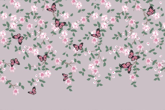 Fototapete Botanisches Motiv mit rosa Schmetterlingen und Blumen mit Blättern in Grüntönen