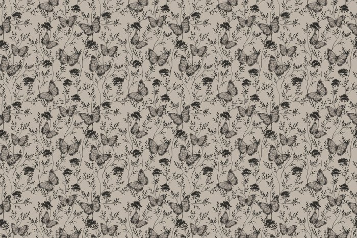 Fototapete Schmetterlinge unter Wildblumen, monochromatisches Retro-Botanisches Muster