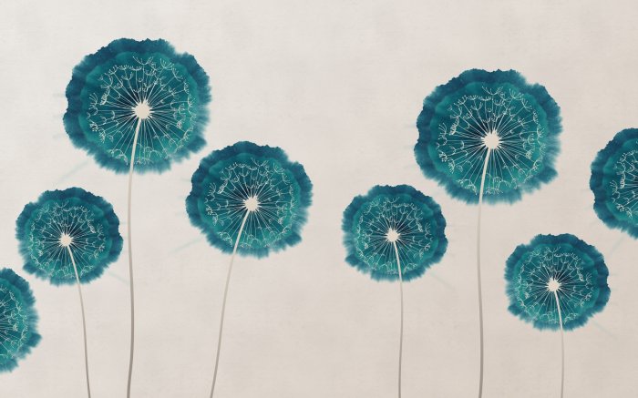 Fototapete Türkisfarbene Löwenzahnblumen im Aquarellstil, abstraktes botanisches Muster