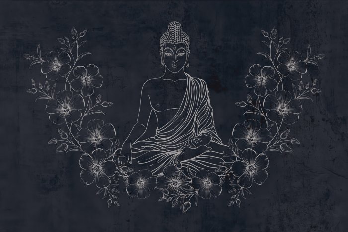 Fototapete Meditierender Buddha zwischen Blumen auf strukturiertem Hintergrund