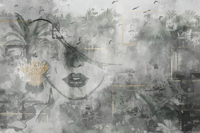 Fototapete Abstraktes Porträt einer Frau mit tropischen Pflanzen auf Betonhintergrund