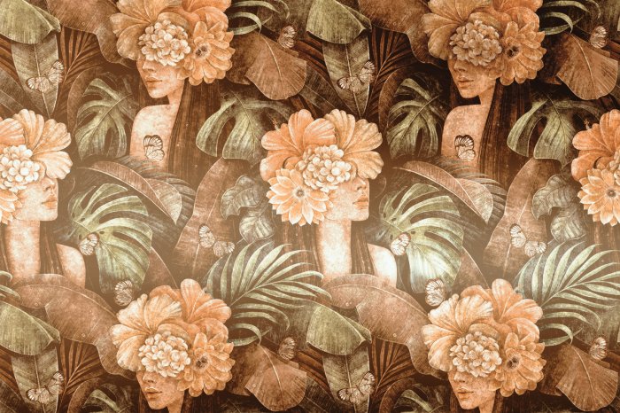 Fototapete Porträt einer Frau mit Blumen auf dem Kopf tropisches Vintage-Muster