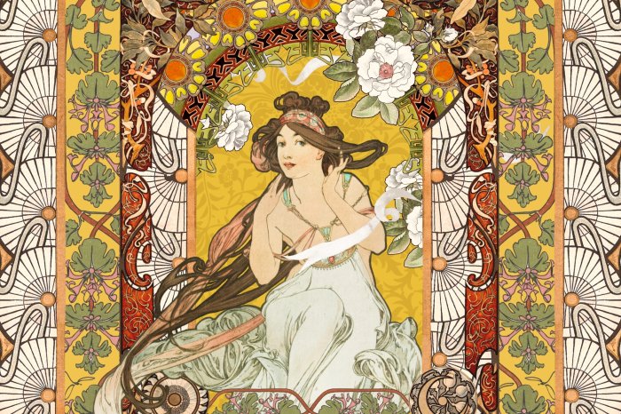 Fototapete Künstlerisches Porträt einer Frau inspiriert von Alfons Mucha