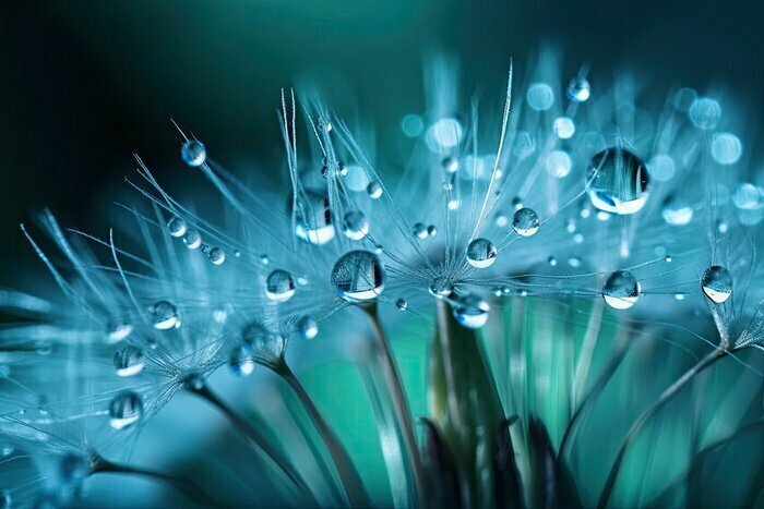 Fototapete Dandelion Seeds in droplets of water on blue and turquoise beautiful background with soft focus in nature macro.