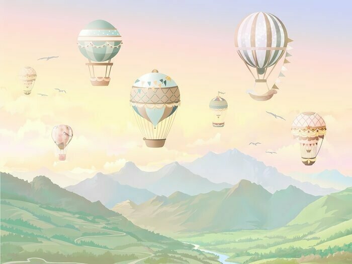 Fototapete Wallpapers for children, mountains with balloons
