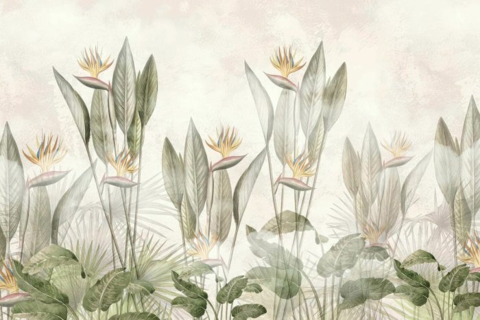 Fototapete Aquarell tropische Blumen und Blätter