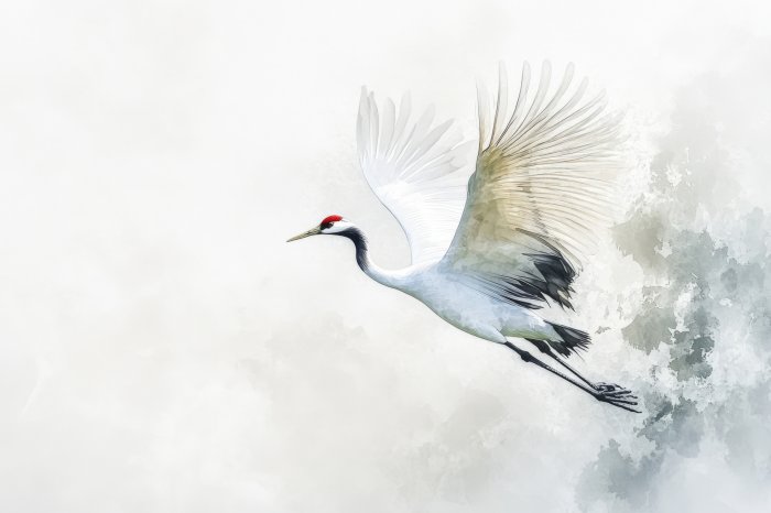 Fototapete This illustration represents a red-crowned crane flying with open wings in a watercolor painting style
