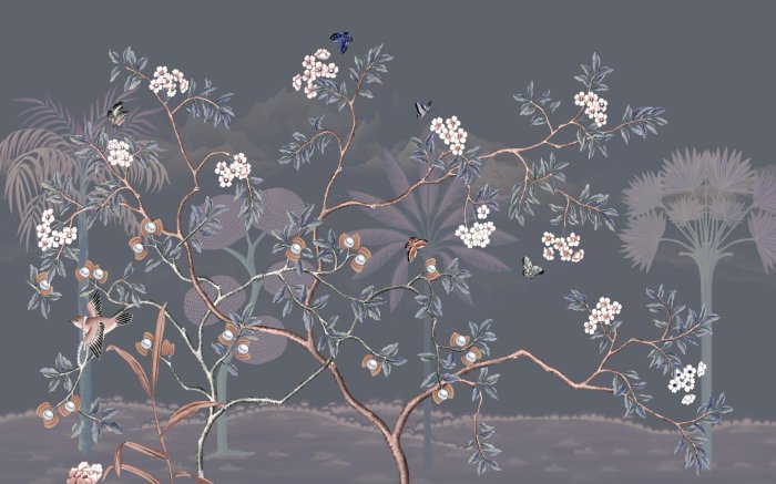 Fototapete Landschaft im Chinoiserie-Stil mit Bäumen