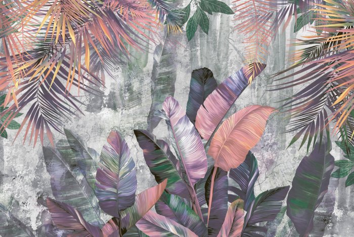 Fototapete Bunte Palm- und Bananenblätter auf Betonhintergrund
