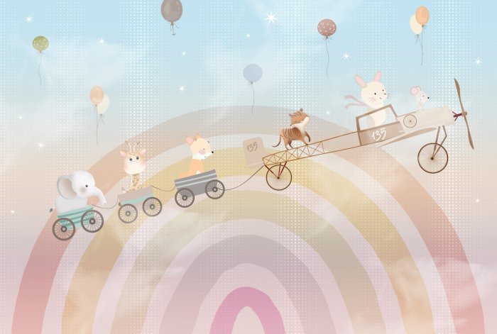 Fototapete Tiere und Luftballons vor dem Hintergrund des Regenbogens