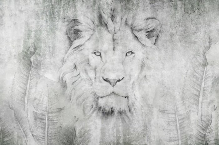 Fototapete Löwenkopf zwischen Blättern an einer Mauer